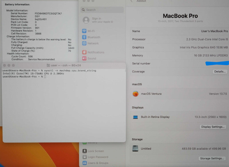 Apple MacBook Pro 13" 2017 A1708 i5-7360U 16GB RAM 500G SSD SERVICE BATTERY β