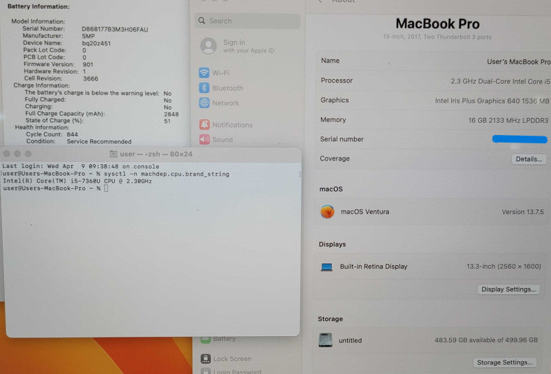 Apple MacBook Pro 13" 2017 A1708 i5-7360U 16GB RAM 500G SSD SERVICE BATTERY β