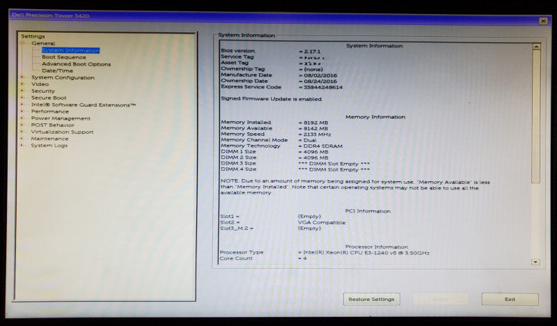 Dell Precision Tower 3420 Xeon E3-1240 v5 8GB RAM - No HDD/GPU