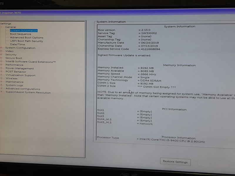Dell Inspiron 3670 Tower i5-9400 2.90 GHz 8GB DDR4 , NO HDD/NO HDD Caddie