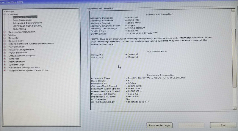 Dell OptiPlex 3070 USFF, Intel i5-9500T CPU 2.20GHz, 8GB RAM - NO HDD