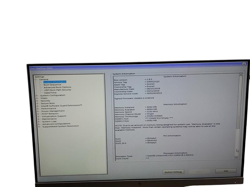 Dell OptiPlex 3050  Celeron G3930 @ 2.90GHz 8GB DDR4  Ram θ