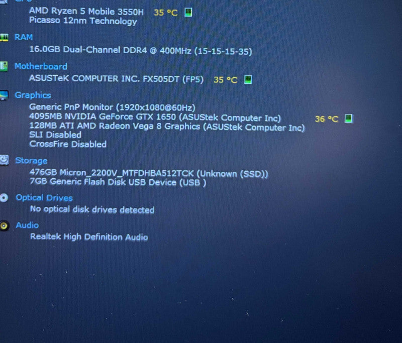 ASUS FX505D Ryzen 5 3550H GTX1650 4GB GPU 16GB RAM 256SSD No Power Adapter  Lap200