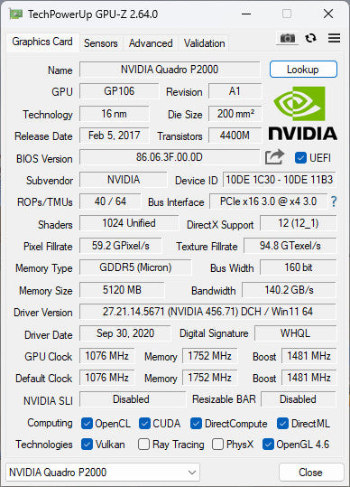 NVIDIA Quadro P2000 5GB GDDR5 Graphics Card 4xDisplay Port Q