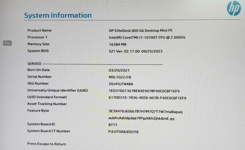 HP EliteDesk 800 G6 USFF  i7-10700T CPU 2.0GHz, 16GB RAM - NO HDD