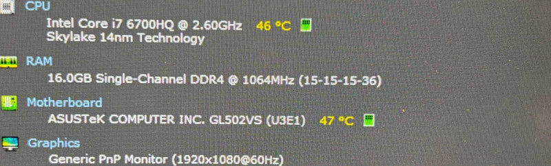 Asus  ROG STRIX GL502V i7-6700HQ GTX1070 8GB GPU 16GB 256SSD Faulty Battery