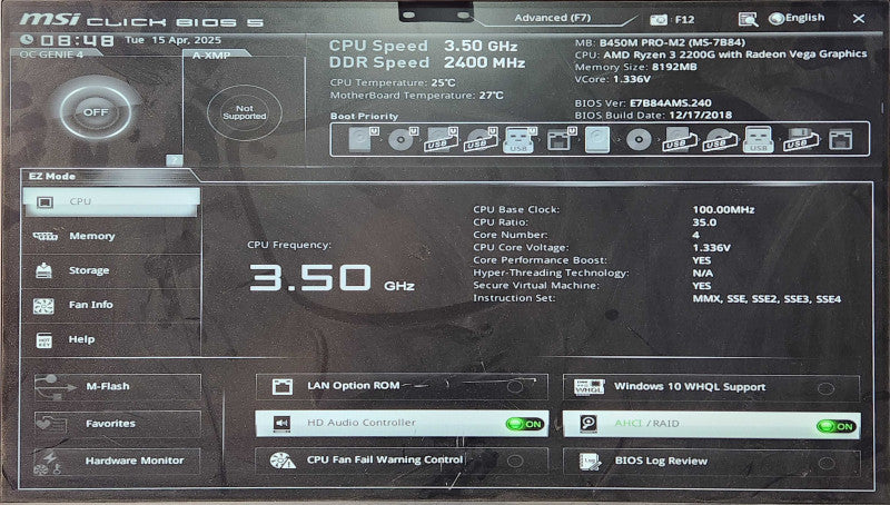 Custom PC/msi B450M PRO-M2, Ryzen 3 2200G, 8GB DDR4, 256GB NVMe