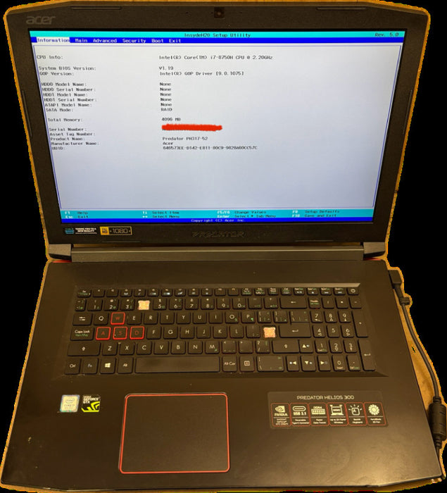 Acer Predator HELIOS300 i7-8750H Bad Keyboard/Battery For Parts/Repair READ  Lap200