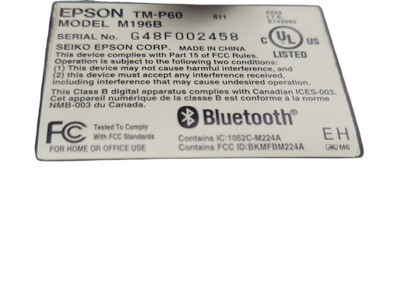 Epson TM-P60 POS Thermal Receipt Printer Bluetooth M196B, READ _