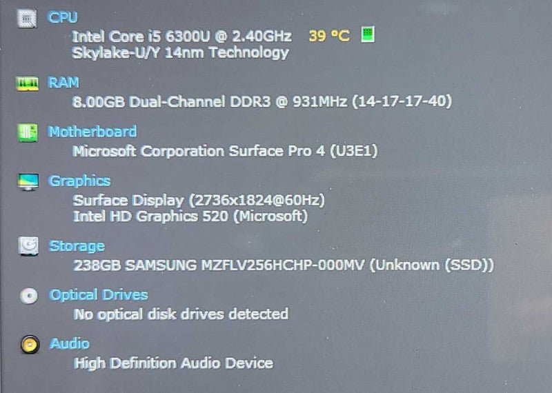 Microsoft Surface Pro 4, i5-6300 2.40GHz, 8GB DDR3, 256GB NVMe, READ