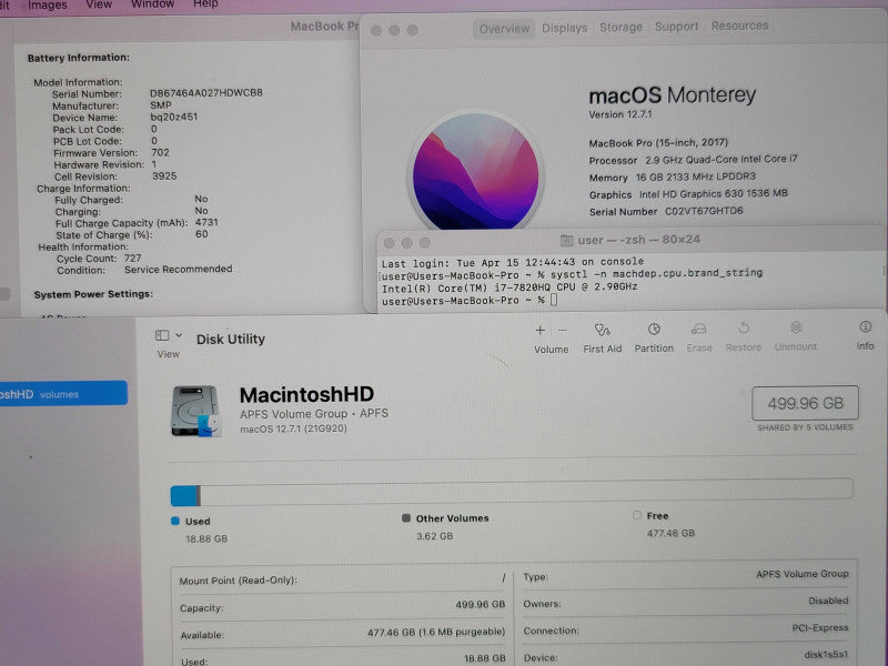 Apple MacBook Pro 15" 2017 A1707 i7-7820HQ 16GB RAM 500GB READ  β