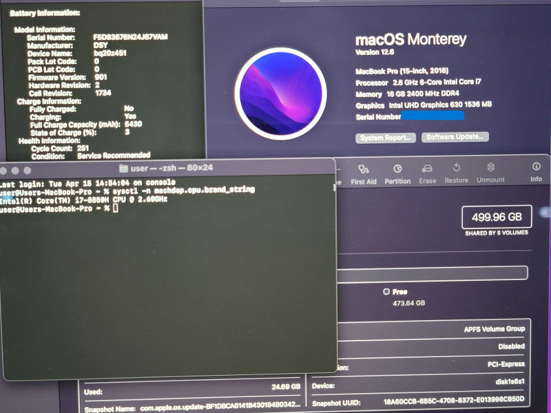 MacBook Pro 2018 15" A1990 i-78850H 16GB RAM 500GB SSD  β