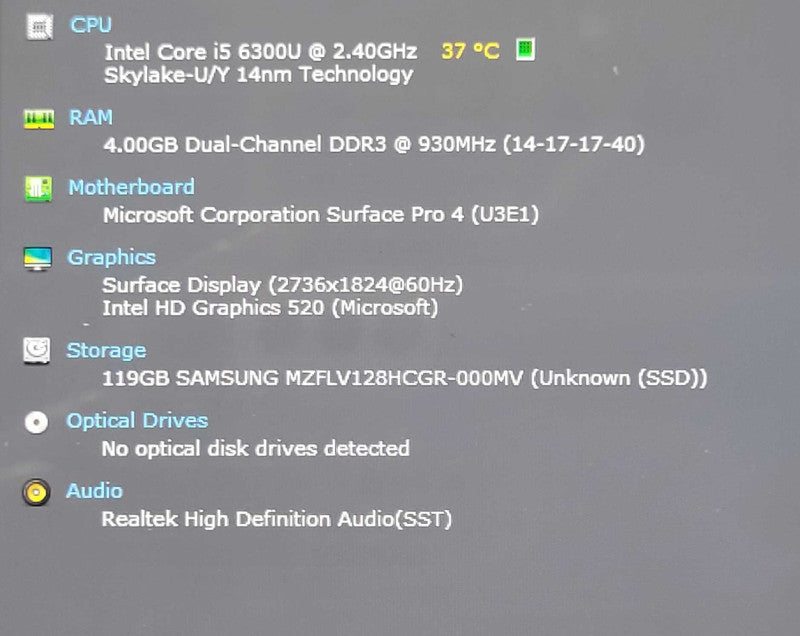 Microsoft Surface Pro 4 Core i5-6300 2.40GHz, 4GB RAM, 128GB SSD *READ* _ Lap200