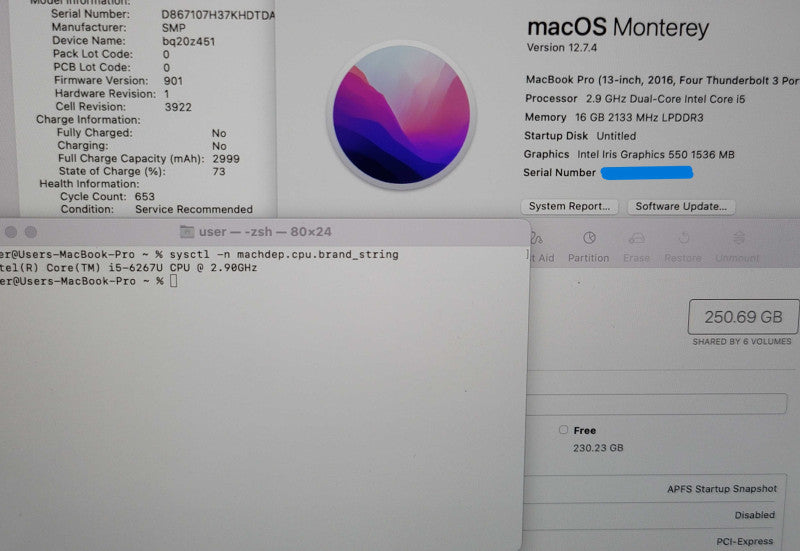 Apple MacBook Pro A1706 13" 2016 i5-6267U 16GB RAM 256GB SSD READ β