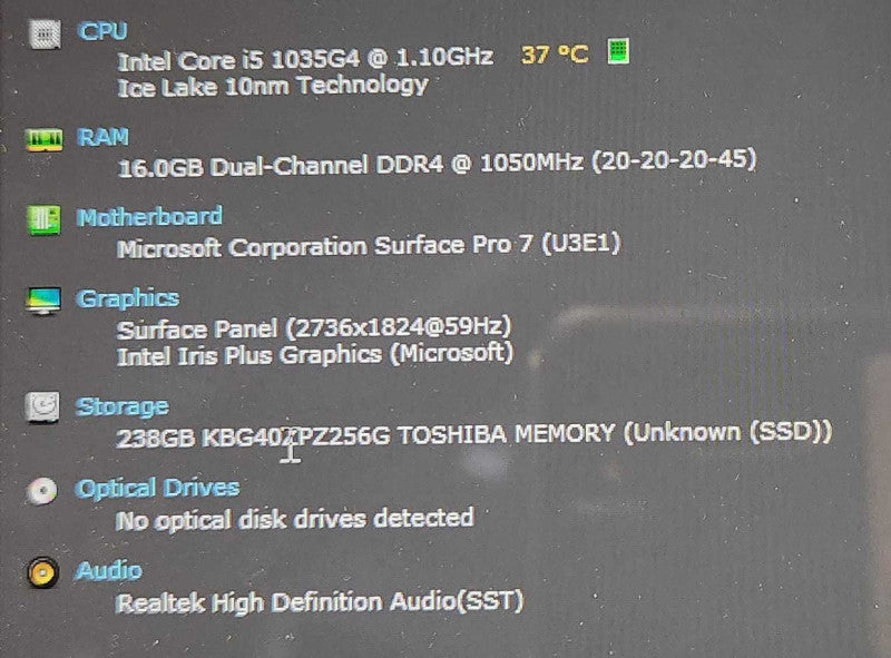 Surface Pro 7 1866, i5-1035G4 1.10GHz, 16GB DDR4, 256GB NVMe, No PWR  Lap200