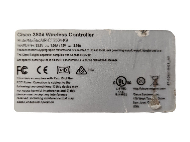 Cisco AIR-CT3504-K9 V01, 3504 IEEE 802.11ac Wireless LAN Controller