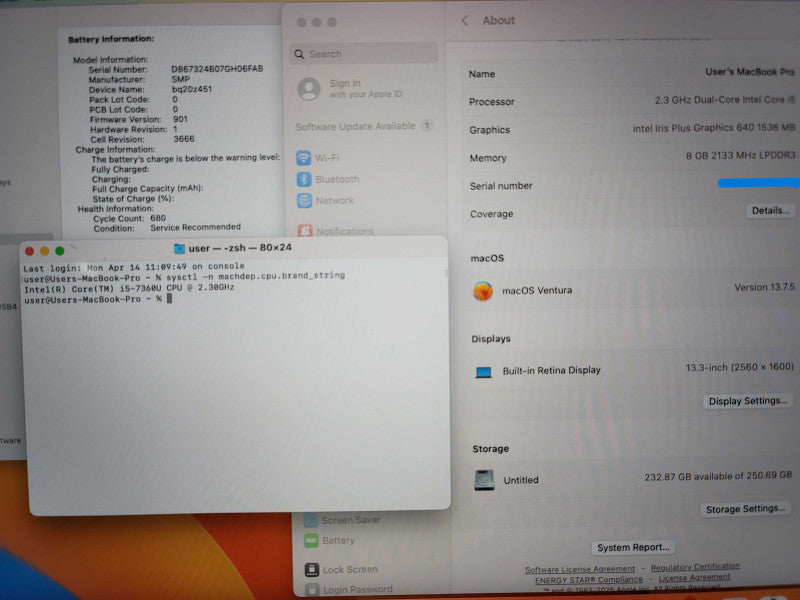 Apple MacBook Pro A1708 13" 2017 i5-7360U 8GB RAM 256GB SSD SERVICE BAT β