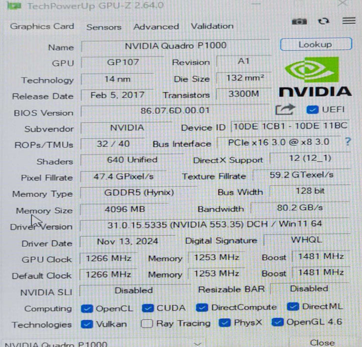 nvidia Quadro embedded P1000 pasy GPH P1000 4GB GPU w/ Heat sink (Fan less) _