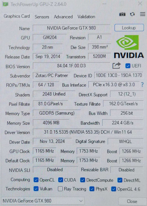 Zotac GTX980 AMP! Edition 4GB 256Bit GDDR5 Graphics card _