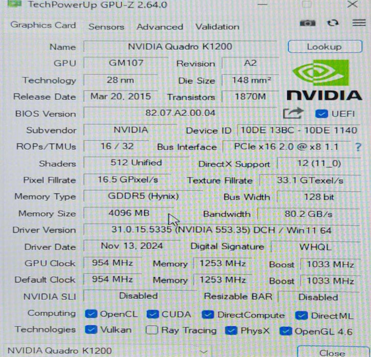 Nvidia Quadro K1200 4GB GDDR5 4x Mini DP Graphics card, LP Bracket _