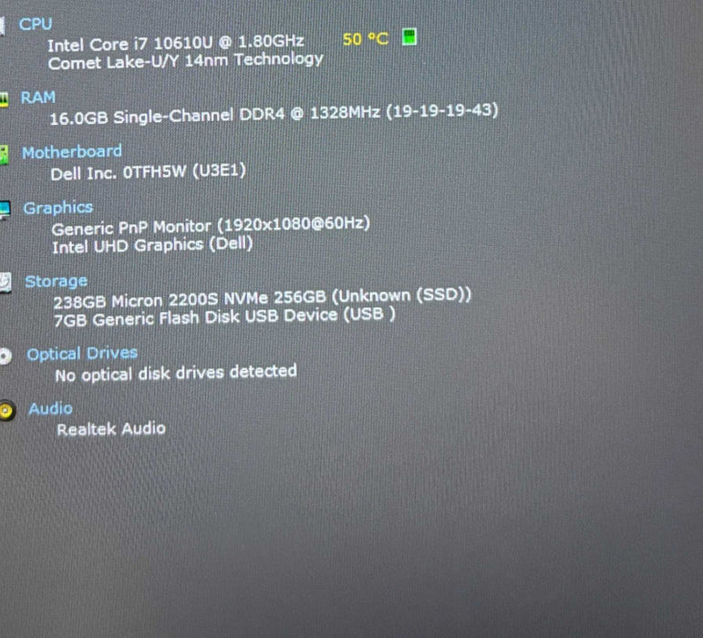 Dell Latitude 5510 Core i7-10610U@1.8GHz 16GB RAM 256GB SSD READ  Lap200