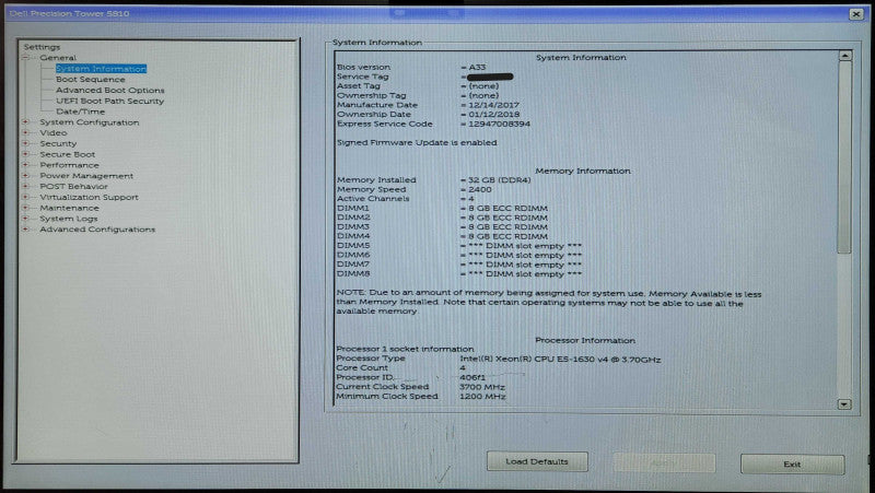 Dell Precision T5810, Xeon E5-1630 v4 3.70GHz, 32GB DDR4, K4000, 685W PSU