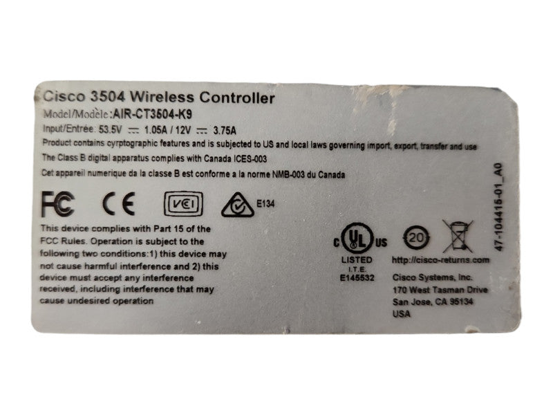 Cisco AIR-CT3504-K9 V01, 3504 IEEE 802.11ac Wireless LAN Controller