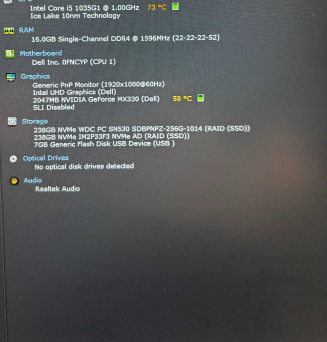 Dell Inspiron 15 550` i5-1035G1 GeForce MX330 2GB GPU 16GB RAM 256SSD READ  Lap200