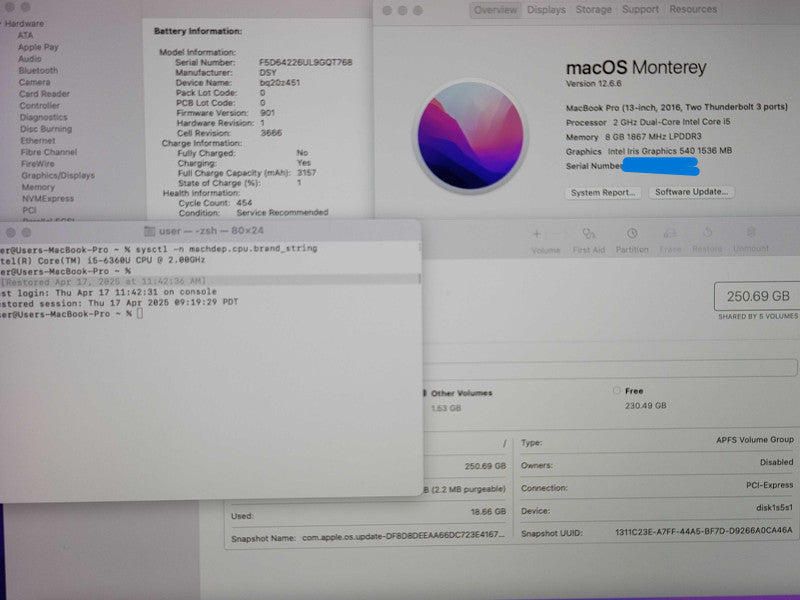 Apple MacBook Pro A1708 13" 2016 i5-6360U 8GB RAM 256GB SSD SERVICE BATTERY β