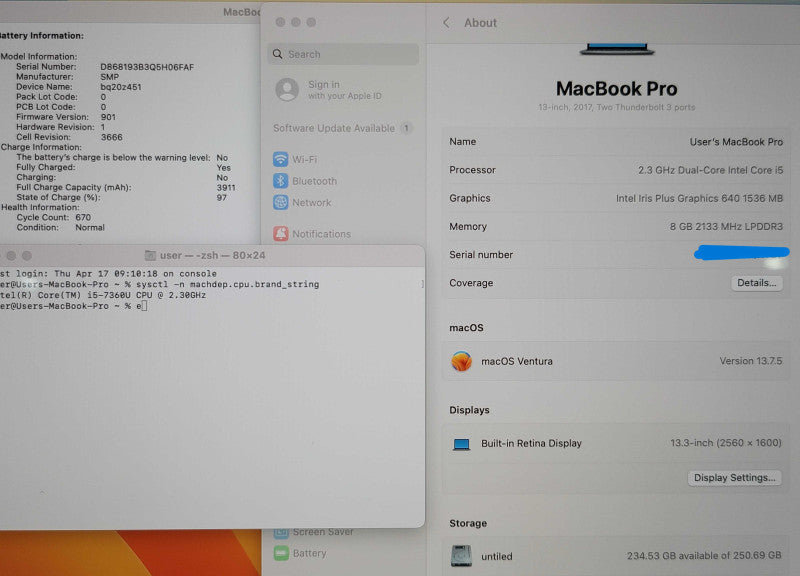 Apple MacBook Pro A1708 13" 2017 i5-7360U 8GB 250GB SSD READ  β