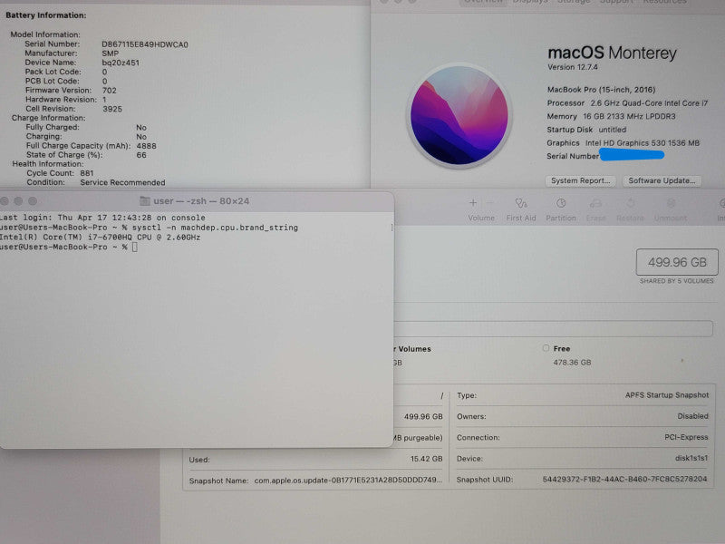Apple MacBook Pro  15" 2017 A1707 i7-6700HQ 16GB RAM 500GB SSD SERVICE BATT β