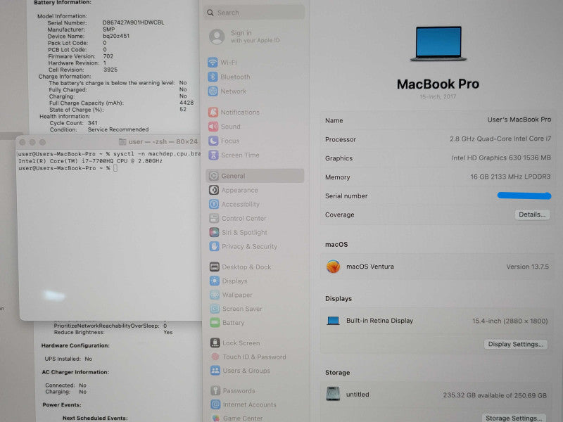 Apple MacBook Pro 15" 2017 A1707 i7-7700HQ 16GB RAM 256GB SSD READ β
