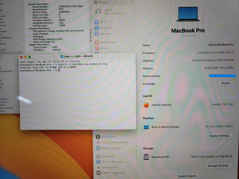 Apple MacBook Pro 16" 2019 A2141 i7-9750H 16GB RAM 500GB SSD READ  β