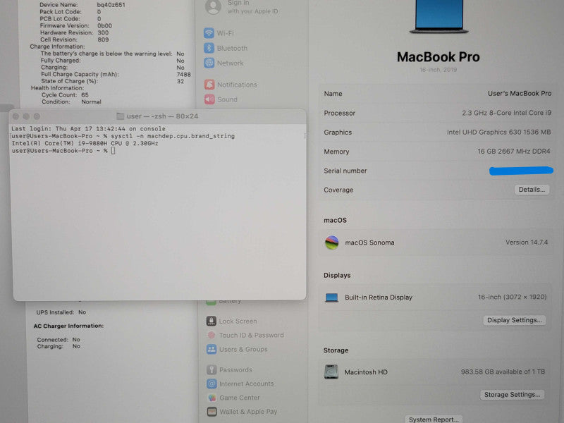 Apple MacBook Pro 16" 2019 a2141 i9-9880H 16GB RAM 1TB SSD 65 HRS β