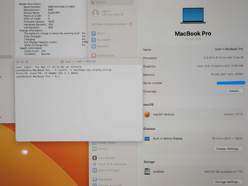 Apple MacBook Pro 16" 2019 A2141 i9-9880H 16GB 1TB SSD 123 Hrs *READ β
