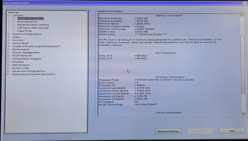 Dell OptiPlex 3070 USFF | i5-9500T @ 2.20GHz, 8GB DDR4, No HDD/OS