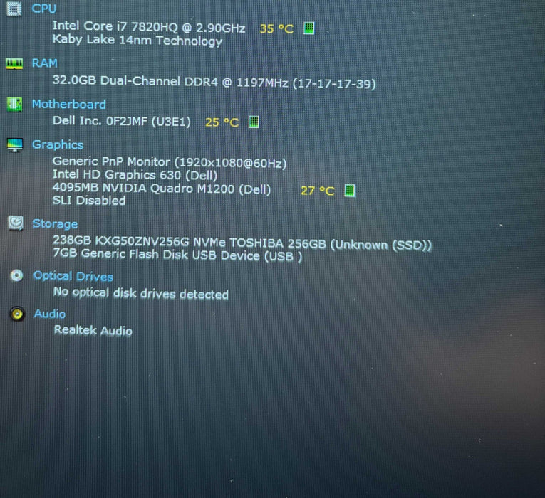 Dell Precision 7720 i7-7820HQ@2.9GHz QUADRO M1200 4GB GPU 32GB RAM 256SSD Q Lap200