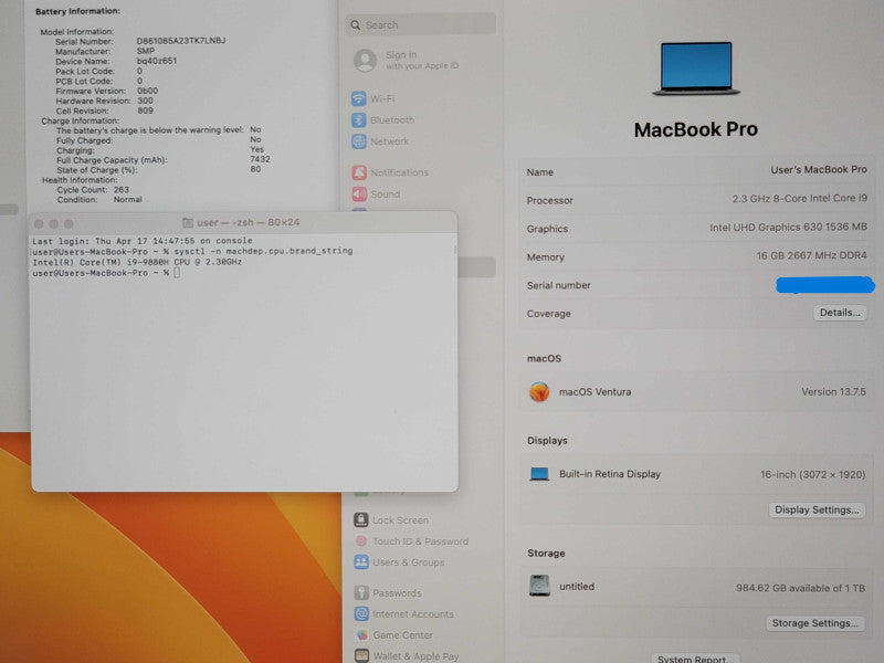 Apple MacBook Pro 16" 2019 A2141 i9-9880H 16GB 1TB SSD READ  β