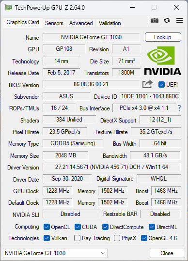 ASUS Nvidia GeForce GT 1030 2GB GDDR5 GPU 1xHDMI 1xDVI