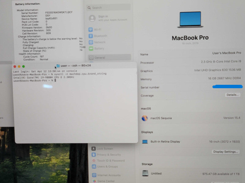 Apple MacBook Pro 16" 2019 A2141 i9-9880H 16GB 1TB SSD Cracked Bezel READ  β