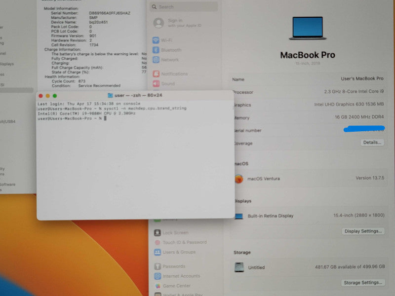 Apple MacBook Pro 15" 2019 A1990 i9-9880H 16GB DDR4 500GB SSD *Service Batt β