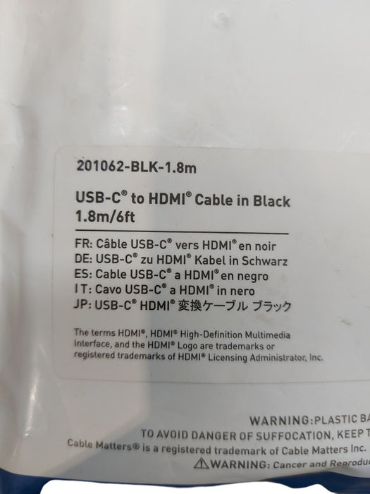 Cable Matters USB C to HDMI Cable 1.8m, 6 Ft