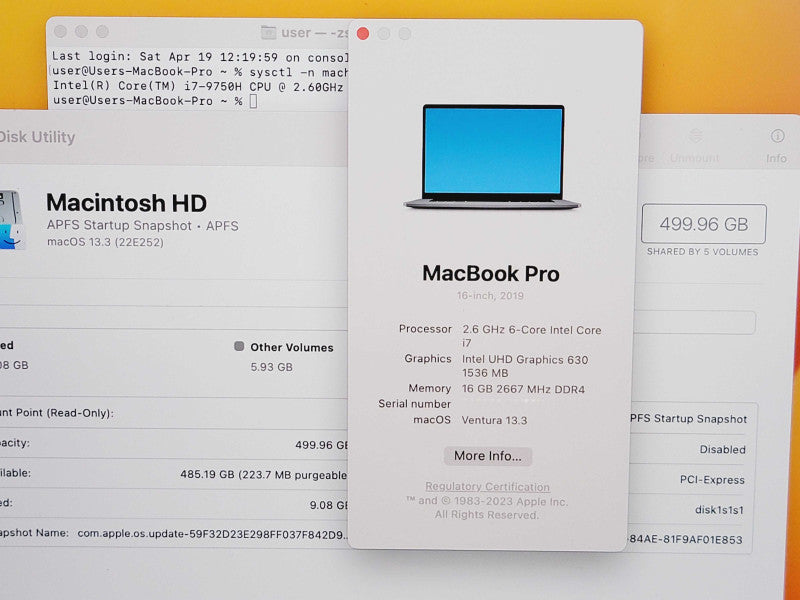 Apple Macbook Pro 2019 16" 6-Core i7-9750H @ 2.6GHz 16GB DDR4 500GB SSD GPU (
