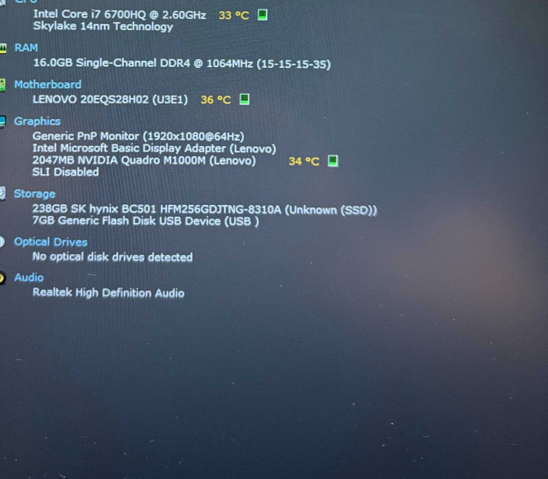 Lenovo ThinkPad P50 i7-6700HQ@2.6GHz QUADRO M1000M 2GB GPU 16GB RAM 256SSD