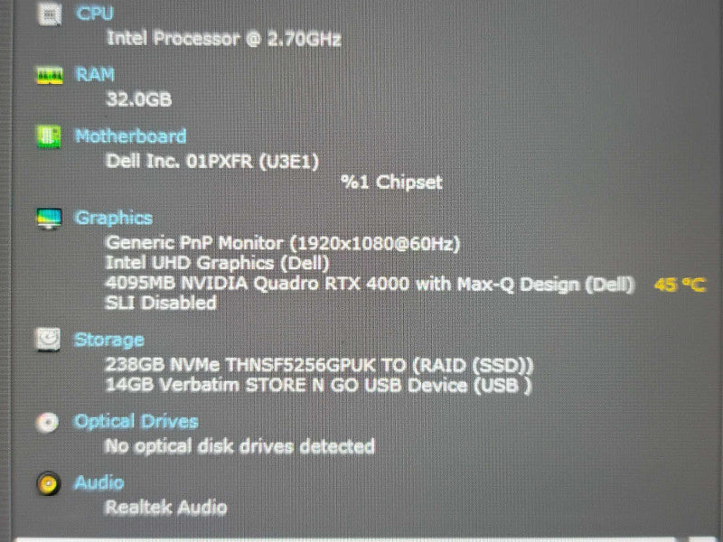 Dell Precision 7550 i7-10850H 32GB DDR4 Quadro RTX 4000 256GB SSD NO BATTER β Lap200