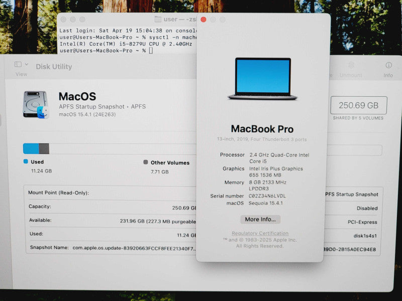 Apple Macbook Pro 2019 13" 4-Core i5-8279U @ 2.4GHz 8GB DDR3 250GB SSD (