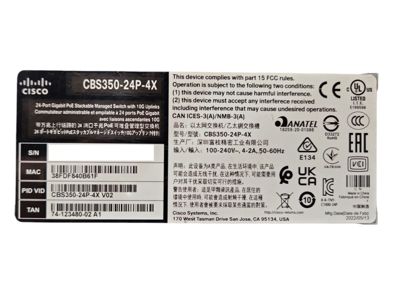 Cisco CBS350-24P-4X 24-Port Gigabit PoE+ Compliant Managed Switch