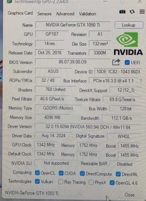ASUS NVIDIA GeForce GTX 1050Ti 4GB GDDR5 Graphics Card Q
