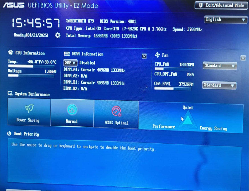 ASUS SABERTOOTH X79 Motherboard with Core i7-4820k @ 3.7GHz and 16GB DDR3
