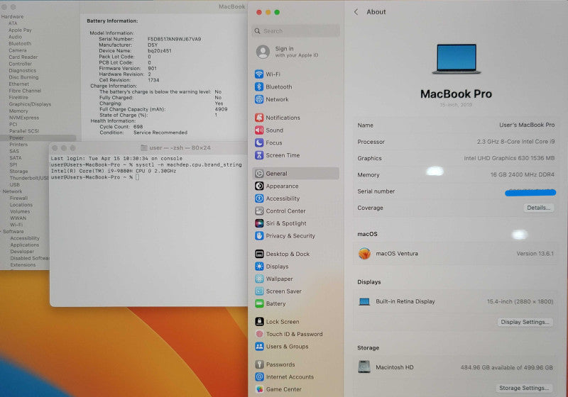 Apple MacBook Pro a1990 15", 2019 i9-9880H 16GB RAM 500GB SERVICE BATT β
